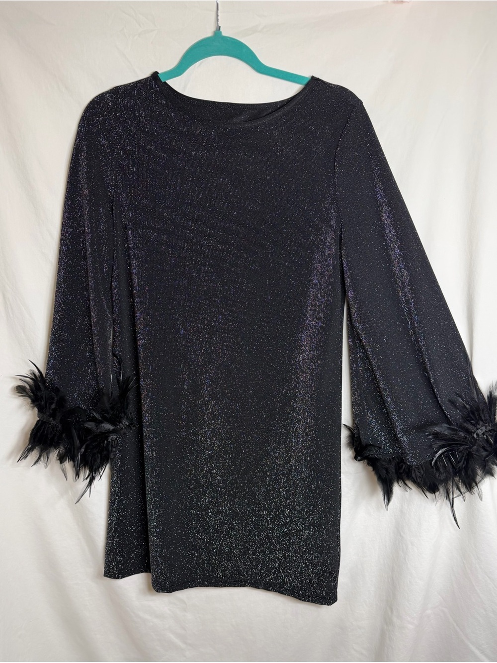 SHEIN Black Sparkle Shift Dress with Feather Trim.  33” length